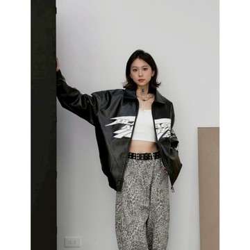 【SEMPLICITA】韓國 美式 賽車風 皮衣 皮繡 皮革 皮外套 寬版 落肩 男女 長袖 外套