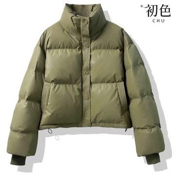 初色 簡約純色抽繩可調節立領長袖禦寒保暖短款麵包服科技保暖纖維外套女外套-共4色-17095(M-XL可選)