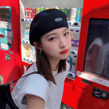 黑色反戴式貝雷帽子女春夏季日系圓臉刺繡字母鏤空薄款透氣前進帽