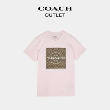 (免運)COACH/蔻馳奧萊女士棉質經典標志老花方形圖案印花短袖圓領T恤