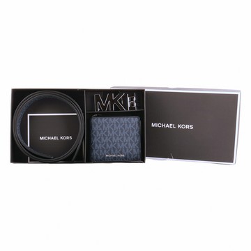 MICHAEL KORS-金屬MK 雙面配色皮帶+短夾禮盒(灰藍)