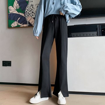 La Belleza素色鬆緊腰抽繩中間縫線下擺開叉小喇叭棉質寬鬆