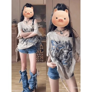 ⭐日韓短袖⭐美式複古短袖T恤女夏季甜酷辣妹顯瘦蝴蝶貼布寬鬆ins上衣斜領肩寬