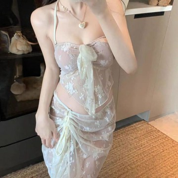 新款 泳衣 女 泰國 性感 荷葉邊 長裙 抹胸 比基尼 两件式 純欲 辣妹 沙灘 溫泉 度假 泳裝❤Upton