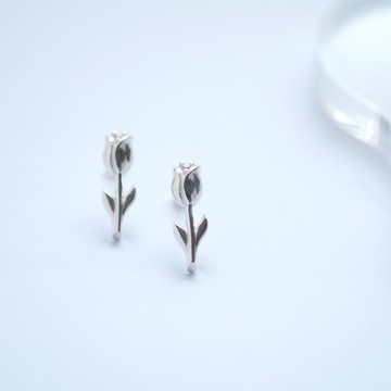 粉紅色鬱金香耳针耳夾925銀