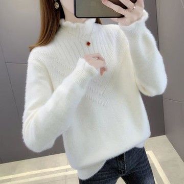 水貂絨女士毛衣春款加絨加厚針織打底衫女短款小個子時尚內搭上衣