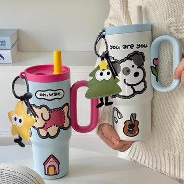 沐韓辦公室把手大容量保溫杯吸管杯女水杯子咖啡杯男高顏值冰霸杯