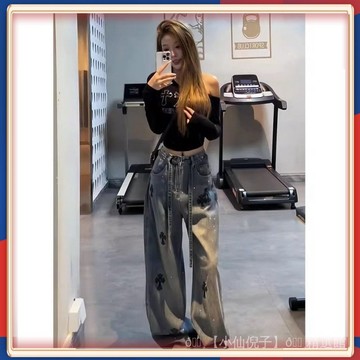 ✨台灣出貨 燙鑽滿天星十字架直筒牛仔褲女2026年鞦季新款高腰顯瘦闊腿褲長褲 💎品質保證💎