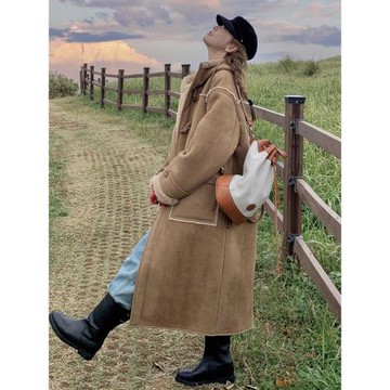 高級感加絨加厚駝色皮毛一體大衣外套女2025冬季新款羊羔絨麂皮絨