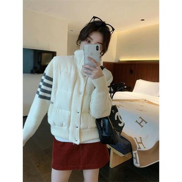 Tb針織拼接四條杠白色羽絨服女冬季小個子洋氣輕薄短款棉服外套