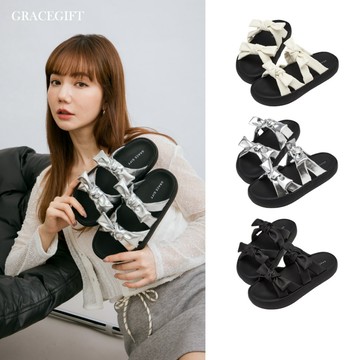 【Grace Gift】涼鞋 厚底涼鞋 拖鞋 【Y3K甜酷澎澎蝴蝶結雲感厚底涼鞋】5色 35-41號 輕量 踩雲感涼鞋
