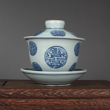 晚清民國民窯青花壽字蓋杯三才碗 古玩古董陶瓷器仿古老貨收藏品