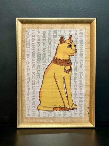 埃及紙莎草畫埃及貓神白色底連金色畫框