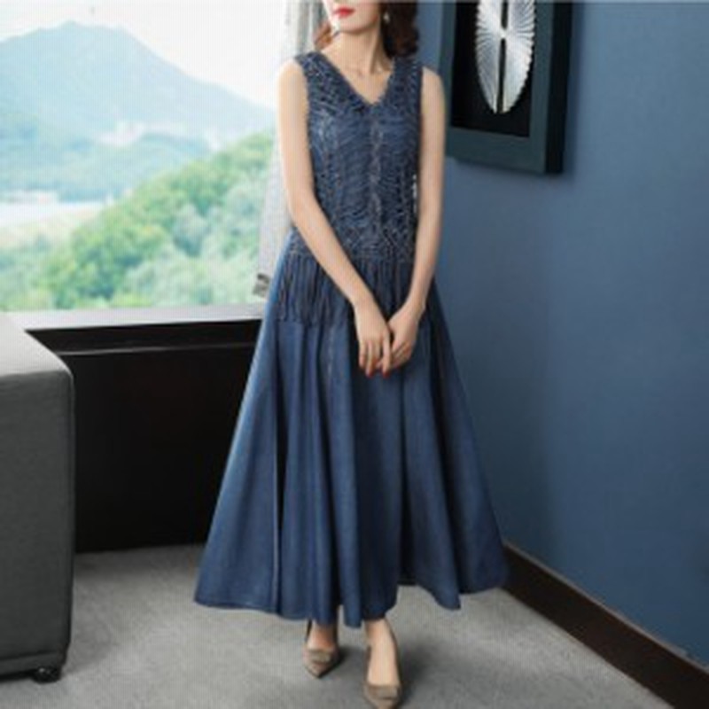 レディース デニム ロングワンピース 大きいサイズ デニム ワンピース 夏 ノースリーブ ロング丈 レトロ ａライン ガーリー お出かけ 通販 Lineポイント最大6 0 Get Lineショッピング