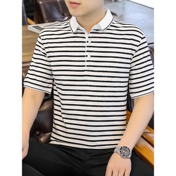 純棉條紋短袖t恤翻領POLO衫男裝2025夏季新款時尚潮流商務半袖男T
