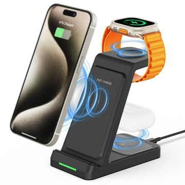 私模三合一無線充電器 可折疊桌面支架適用蘋果13耳機手表15W快充【Snowbelle優選】