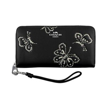 COACH仿刺繡亮粉燙印蝴蝶皮雕黑色素面皮革手掛拉鍊長夾