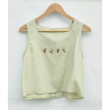 刺繡 | 亞麻 | 削肩方領上衣 淺綠色