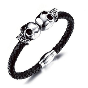 《316小舖》【Q372】(優質鈦鋼皮環-骷髏磁扣黑色皮環-單件價 /鈦鋼骷髏皮環/鈦鋼骷髏手環/男性手環/交換禮物)