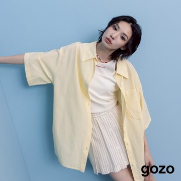 【gozo】A｜涼感天絲大落肩短袖襯衫(淺綠/淺黃_F) | 女裝 襯衫領 涼感