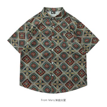 From Mars 中心對稱 潮牌復古花紋滿印翻領短袖襯衫寬松休閑男ins