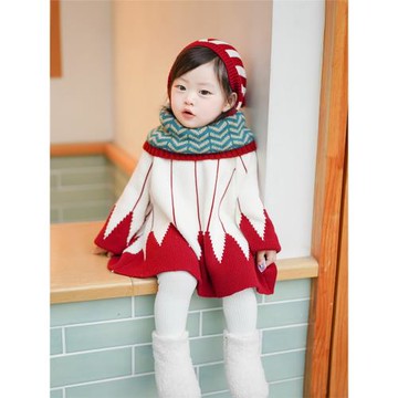 小蜜糖童裝女童斗篷秋冬兒童圣誕服裝紅色寶寶毛衣連帽圣誕節衣服