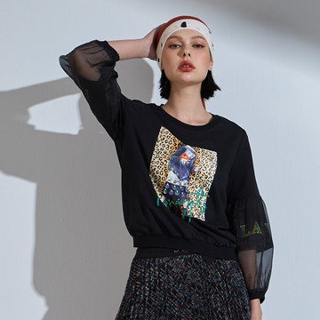 CLL巧玲瓏 豹紋點綴拼接網紗長袖上衣 3853811