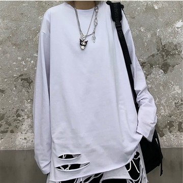 打底衫女春秋新款韓版ins百搭白色長袖上衣寬松破洞內搭洋氣