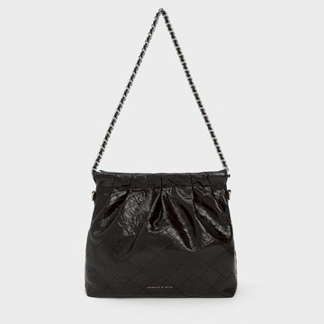 【CHARLES & KEITH】快速出貨! Duo 抓皺鍊條包(M) 黑銀色
