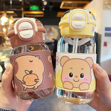 卡皮巴拉新款卡通高硼硅玻璃杯可愛雙飲水杯帶吸管高顏值女生彈蓋