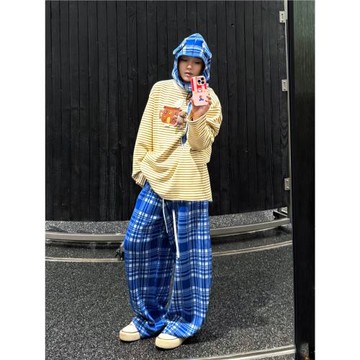 親媽超細綿羊毛格紋長褲26春季系帶抽繩寬松遛彎格子針織休閑褲女