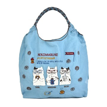 kUSUgURU JAPAN 日本眼鏡貓 手提包 環保袋日本刺繡尼龍購物袋 NEKOMARUKE貓丸款  藍色  28 x 26 x 13cm
