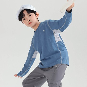 babybody - 吸濕排汗圓領長袖上衣-袖拼文字-藍色