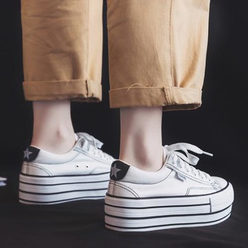 小白鞋2025新款春季松糕5CM韓版厚底帆布鞋子女ulzzang百搭增高款