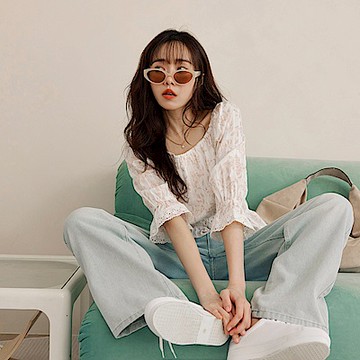 OB嚴選中大尺碼-純棉碎花方領鬆緊收腰七分袖上衣《AB20009》