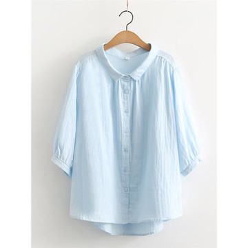 2024夏裝純色棉紗短袖襯衫女韓版寬松百搭文藝純棉柔軟五分袖襯衣