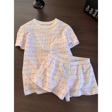 粉色愛心條紋睡衣 女夏季短袖套裝 ins風韓版高級感家居服 新款可外穿 可愛睡衣 睡衣套裝 夏季女裝 短袖 短褲