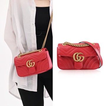 GUCCI 446744 GG Marmont 天然絎縫皮革翻蓋肩背/斜背鍊包.紅