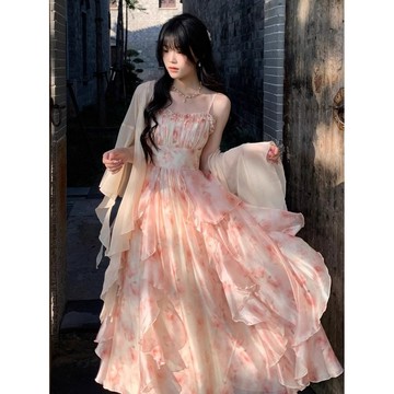 設計感油畫暈染高級感洋裝女2026夏季新款收腰顯瘦氣質吊帶韓版洋裝