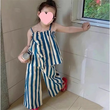 女童條紋吊帶背心上衣配七分褲兩件套