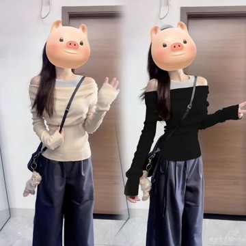 免運 台灣出貨 韓係一字領露肩假兩件針織打底衫女鞦鼕季小個子內搭緊身短款上衣限時下殺 012