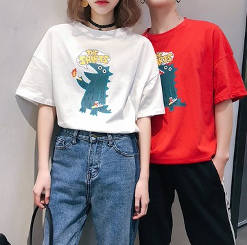 FINDSENSE H1 2018 夏季 新款 情侶 趣味鱷魚印花  寬鬆 五分袖 男女 T恤 短袖 時尚 潮上衣