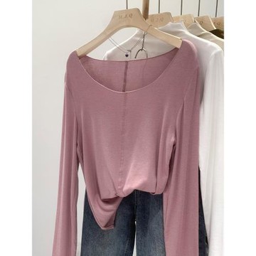 低領長袖T恤女秋季2023新款設計感小眾打底衫辣妹鎖骨上衣女