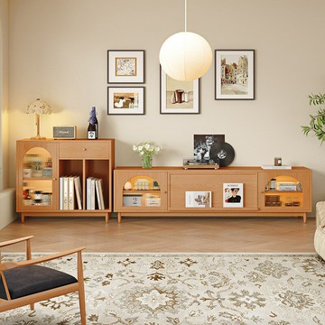 免運 開立發票  實木電視機柜組合現代簡約客廳家用收納柜櫻桃木色儲物柜一體落地