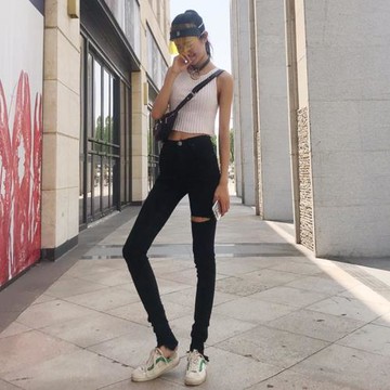 petty Elsa高個加長牛仔褲女黑高腰破洞小腳長褲春秋2025新款韓版