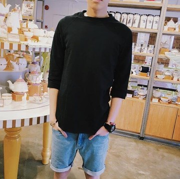 FINDSENSE MD 韓國 潮 男 時尚 休閒 修身 中袖五分袖 純色素面 短袖T恤 特色短T 素面T