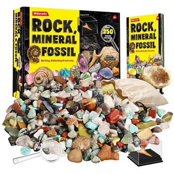 又敗家@XXTOYS挖掘水晶寶石天然礦石化石250+豪華套裝組‎EDM059(雷公蛋剖石體驗;附放大鏡)Rocks Minerals & Fossils Collection成為岩石地質考古學家