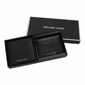 MICHAEL KORS 荔枝紋皮革短夾+撞色名片夾禮盒組(黑x灰)