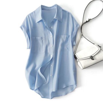 歐貨冰絲襯衫女無袖上衣飛飛袖開衫又美又飆翻領職業襯衣寬松夏天