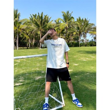 (免運)SANBAI 叁佰重磅情侶短袖潮牌字母T恤男夏季寬松純棉半袖體恤男士